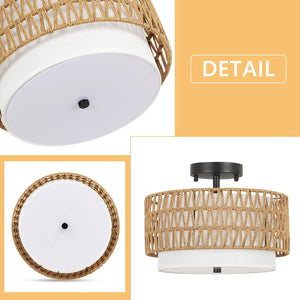 English Elm 3-Light Boho Rattan Semi-Flush Ceiling Lamp, Handwoven Drum Shade, Dimmable E26 Trio for Bedroom Dining Hallway W2738P185423
