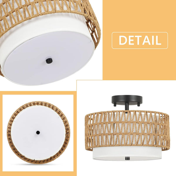English Elm 3-Light Boho Rattan Semi-Flush Ceiling Lamp, Handwoven Drum Shade, Dimmable E26 Trio for Bedroom Dining Hallway W2738P185423