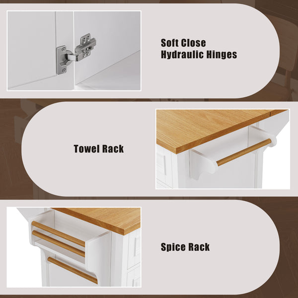 English Elm K&K 52" Kitchen Island with Embossed Farmhouse Texture, Drop Leaf, Spice & Towel Racks, Wheels White N707P195393W