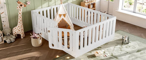 English Elm Queen Solid Pine Montessori Floor Bed for Kids with House Frame and Built-in Door Light White W5305P420638