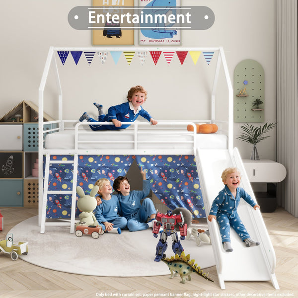 English Elm Jack Metal Junior Twin Loft Bed With Slide, Curtain Set, Pennant Banner & Star Stickers - White/Blue B083P354664