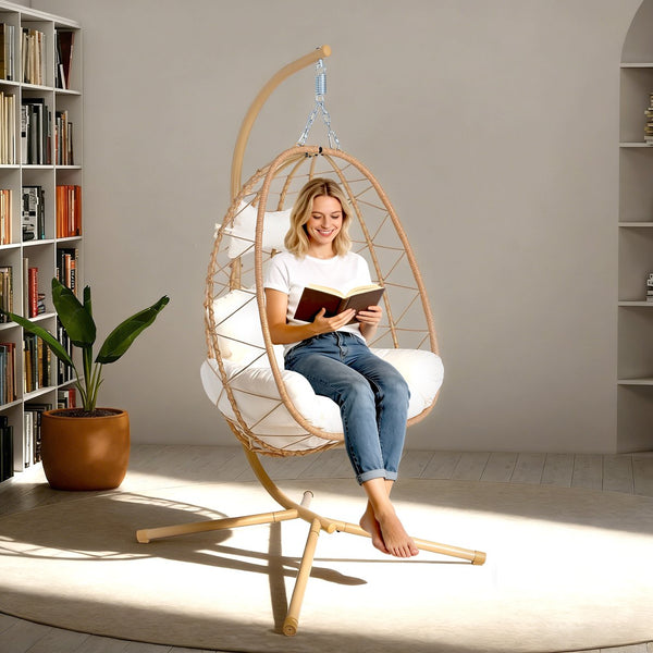 English Elm Hanging Egg Swing Chair Pe Wicker Foldable Frame with Cushion for Patio or Bedroom T5880P497565