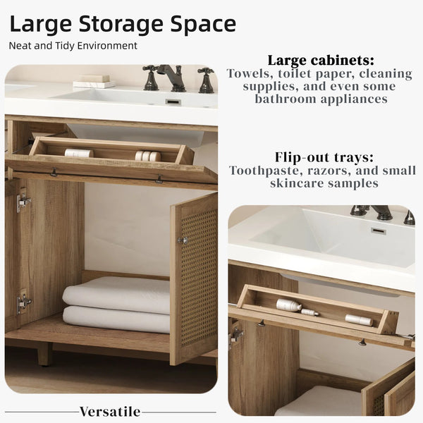 English Elm Christopher Knight Home® - 60 Inch Bathroom Vanity with Double Sinks SMC, Rattan Doors, Soft-Close Drawers, Stable Pine Legs Wood N817P296140N