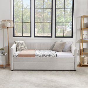 English Elm Twin Size Daybed With Trundle - Elegant Upholstered Sofa Bed In Beige Linen With Stripes, Space-Saving W1413S00090-GIGA