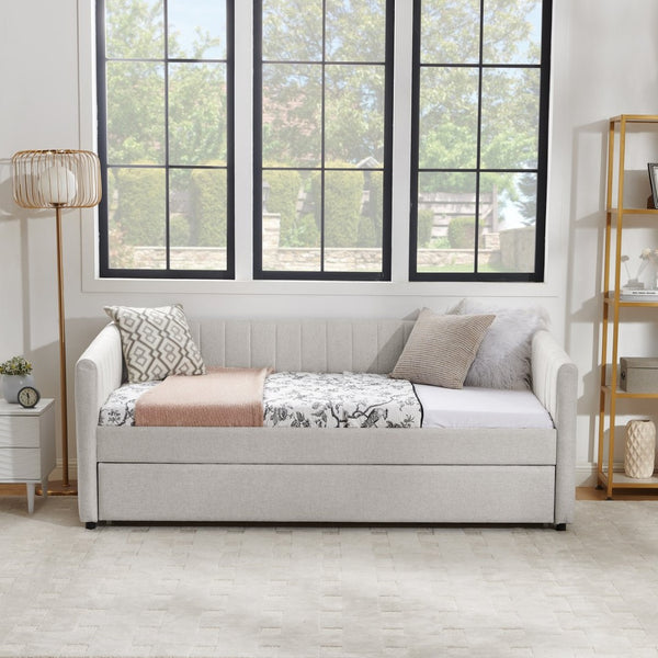 English Elm Twin Size Daybed With Trundle - Elegant Upholstered Sofa Bed In Beige Linen With Stripes, Space-Saving W1413S00090-GIGA
