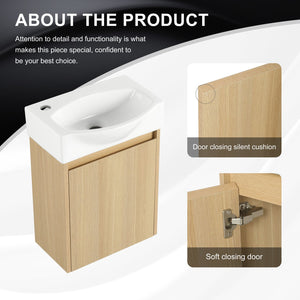 English Elm 16" Bathroom Vanity Sink Combo for Small Spaces — Compact Engineered Wood Cabinet with Ceramic Basin, Moisture-Resistant Finish and Hidden Handle, Easy Assembly Oak W1972P190339
