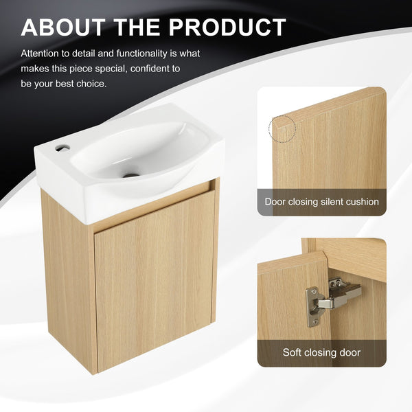 English Elm 16" Bathroom Vanity Sink Combo for Small Spaces — Compact Engineered Wood Cabinet with Ceramic Basin, Moisture-Resistant Finish and Hidden Handle, Easy Assembly Oak W1972P190339