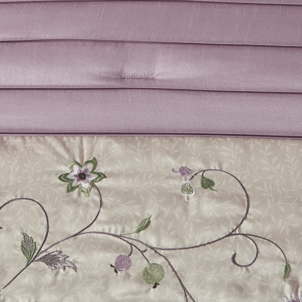 English Elm Embroidered 7-Piece Comforter Set In Soft Purple & Grey For California King - Luxurious Floral Design B03596943
