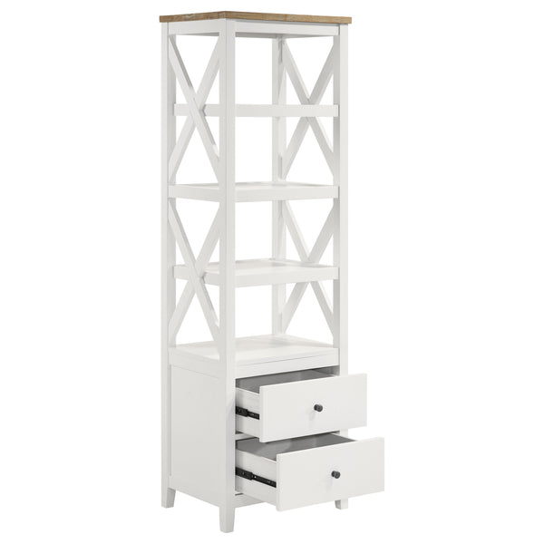 English Elm Delaney White 72" 4-Shelf Bookcase Media Tower with Ash Veneer Top, X-Side Accents & 2 Drawers — Cottage Coastal Farmhouse Charm B062P358338