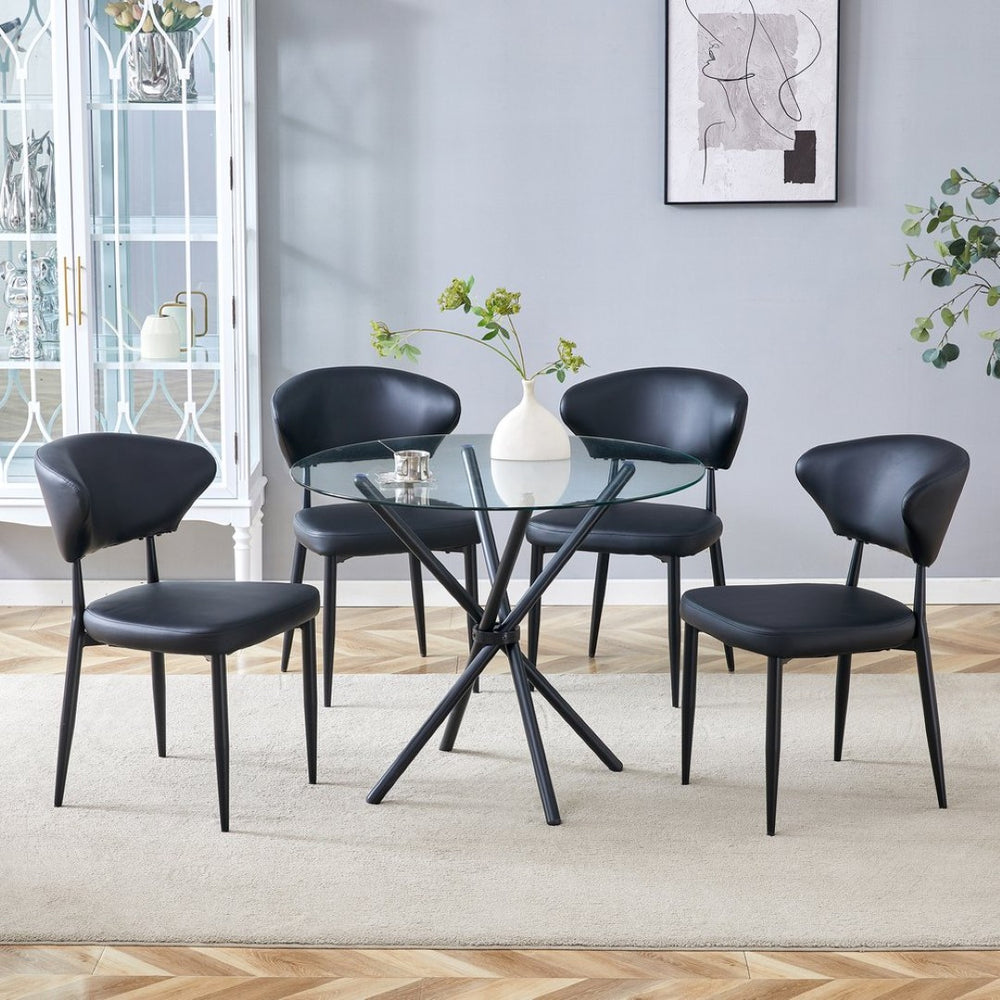 English Elm Table Set: Modern Transparent Glass Dining Table With 4 Ergonomic Black Pu Chairs For Stylish Comfort W1151S03671-GIGA