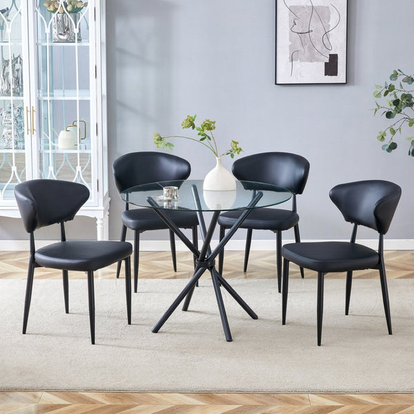 English Elm Table Set: Modern Transparent Glass Dining Table With 4 Ergonomic Black Pu Chairs For Stylish Comfort W1151S03671-GIGA