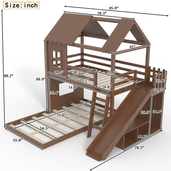 English Elm Twin Over Full Playhouse Bunk Bed with Slide Ladder Storage Shelves and Wardrobe Antique Natural W5305S00041
