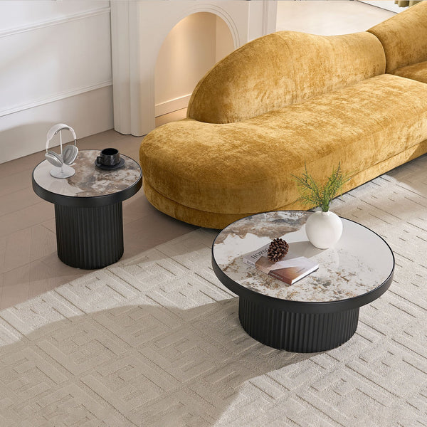 English Elm Coffee Table Nesting Set Round Mdf Pair Walnut Finish for Modern Living Rooms W876S00336