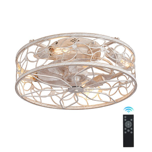 English Elm 18-inch Vintage Caged Ceiling Fan Light with Remote Control, Quiet DC Motor, Industrial Iron Design White W2312P374991