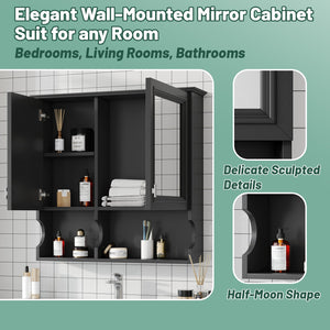 English Elm 30 30 Inch Mirror Medicine Cabinet with Half-Moon Design, Soft-Close Hinges, Open Shelf & Solid-Wood Frame Black N710P322812B