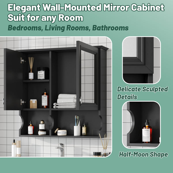 English Elm 30 30 Inch Mirror Medicine Cabinet with Half-Moon Design, Soft-Close Hinges, Open Shelf & Solid-Wood Frame Black N710P322812B