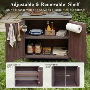 English Elm K&k Rolling Outdoor Kitchen Island Solid Fir Wood Stainless Steel Top Storage Cabinet Dark Brown N707P370287Z