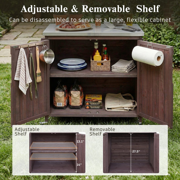 English Elm K&k Rolling Outdoor Kitchen Island Solid Fir Wood Stainless Steel Top Storage Cabinet Dark Brown N707P370287Z