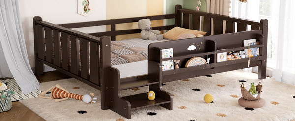 English Elm Twin Pine Floor Bed for Kids with Side Bookcases Built-in Stairs and Safety Guardrails Espresso W1580P390226