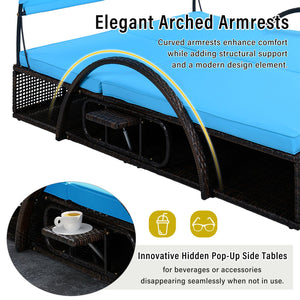 English Elm U_style Outdoor Double Sun Lounger Hdpe Wicker Steel Frame with Canopy Pop up Tables Blue WY000485AAC