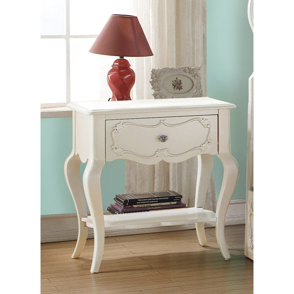 English Elm Pearl Scalloped 1-Drawer Nightstand with Shelf — Elegant Pearl White Pine Accent Table with Storage and Display (26"H) B062P209006