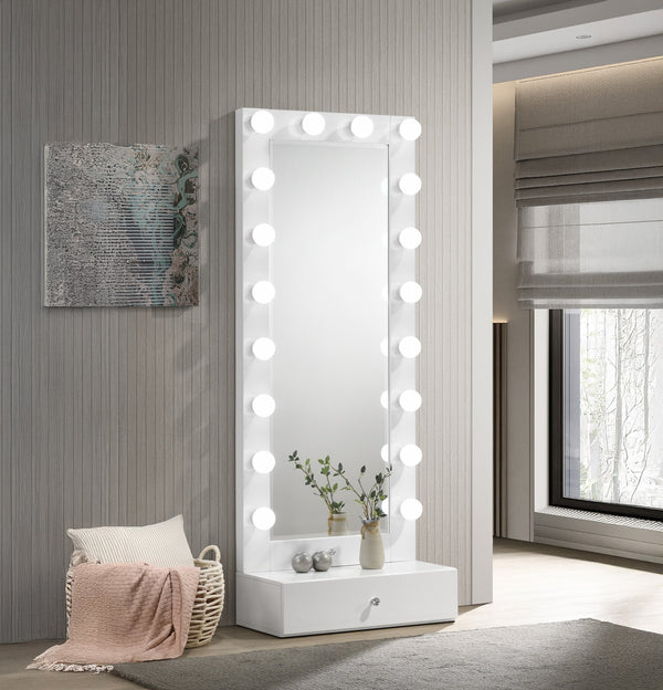 English Elm 1pc Glam Tall Lighted Mirror with Drawer Box Glossy White Vanity, Beveled Glass, Crystal Knob, Luxe Glow B011S01586