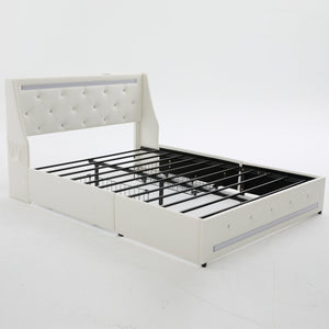 English Elm Queen Platform Bed Wingback Diamond Quilted Headboard Led Lighting Storage Drawers White W5722P462686