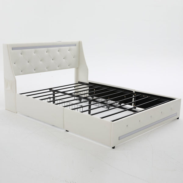 English Elm Queen Platform Bed Wingback Diamond Quilted Headboard Led Lighting Storage Drawers White W5722P462686