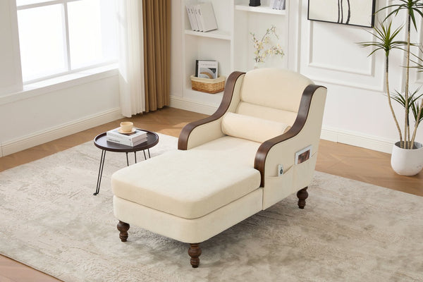 English Elm UNITED Oversized Chaise Lounge Sofa Bed with Solid Wood Arms, High-Resilience Foam, 800lb Capacity and Storage Pockets Beige W1568S00212