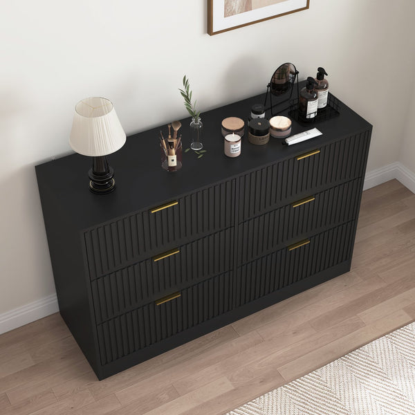 English Elm Modern Six Drawer Chest with Wavy Textured Fronts Sleek Matte Storage for Any Room Black W409P307525