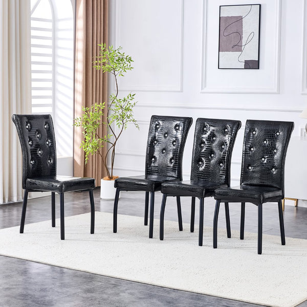 English Elm A Set of 2 Crystal Button Faux Leather Dining Chairs with Embossed Croc Texture Black W3226P340215