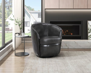 English Elm Luxury Top Grain Leather Swivel Barrel Chair with Solid Wood Frame, 360° Rotation, Removable Cushion Cover, No Assembly Required Smoke Grey 32 L x 30 W x 33.5 H B011P308556