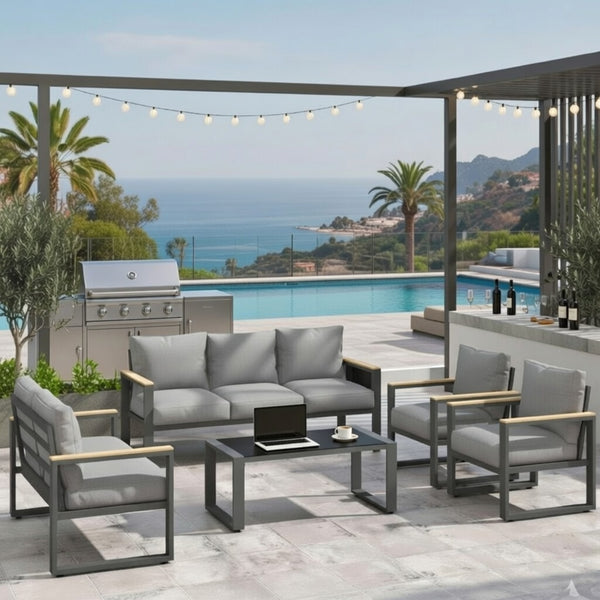 English Elm All-weather 5 Piece Aluminum Patio Conversation Set 7 Seat with Tempered Glass Table Gray B082S00111
