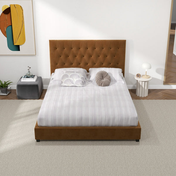 English Elm Ashcroft Furniture - Donald Mid Century Modern Cognac Velvet Platform Bed - Chic, Durable Design For Stylish Comfort B183S00086