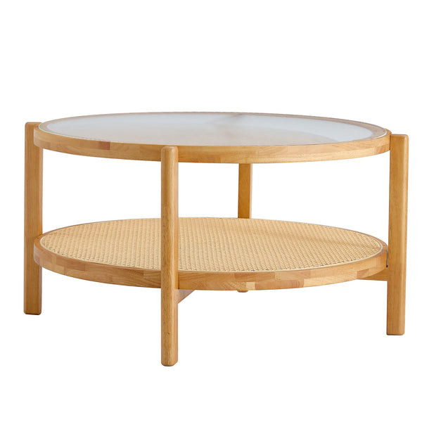 English Elm Modern solid wood circular double-layer tea table with rattan shelf, polished edges, glass top, easy assemble Natural Wood 41.34 L x 35.83 W x 7.48 H W1512P404514