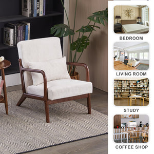 English Elm Mid-Century Beige Accent Chair Upholstered Armchair with Pillow, Solid Wood Frame, Ergonomic Comfort W2989P295373
