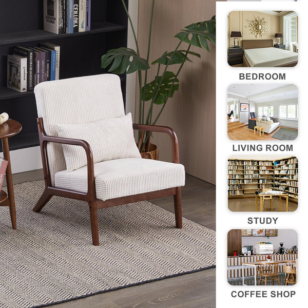 English Elm Mid-Century Beige Accent Chair Upholstered Armchair with Pillow, Solid Wood Frame, Ergonomic Comfort W2989P295373