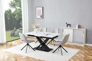 English Elm Modern Extendable Dining Table with Walnut MDF Veneer Top, Dual V-Shaped Metal Base, Sleek Durable Design White Marble W3493S00006