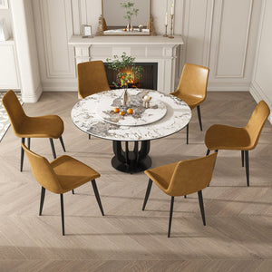 English Elm 53" Round Sintered Stone Dining Table With Lazy Susan, Black Steel Base - Stylish & Durable Design W2699S00040