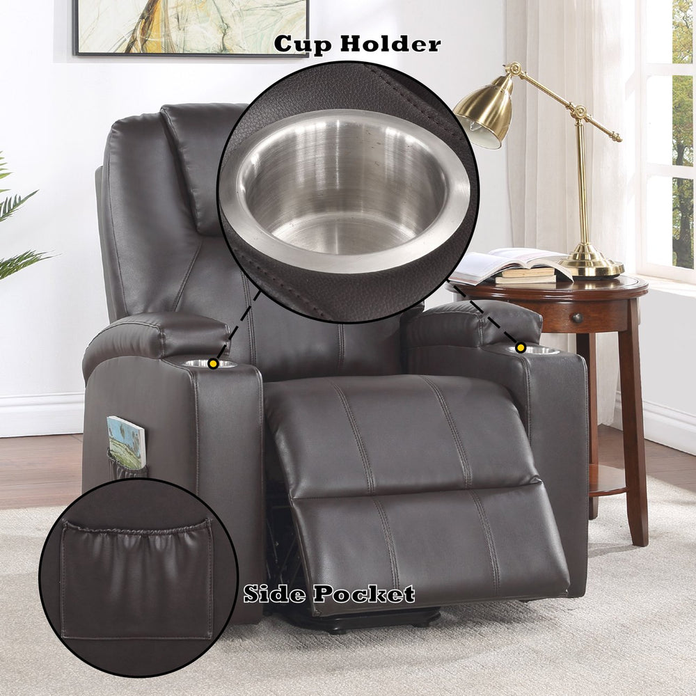 English Elm Brown Leather Recliner Aire with Power Lift, Massage, Dual Cup Holders, Pocket Coil Comfort B2726P405704