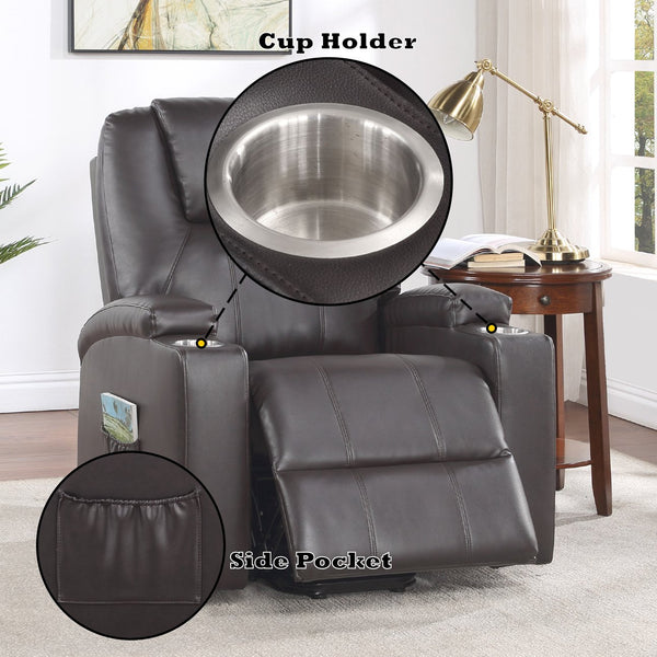 English Elm Brown Leather Recliner Aire with Power Lift, Massage, Dual Cup Holders, Pocket Coil Comfort B2726P405704