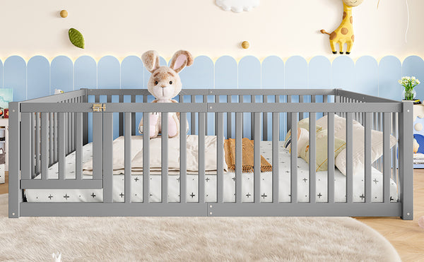 English Elm Queen Kids Floor Bed Pine Wood Frame with Safety Rails Door and Low Profile Design Gray W1580P418053