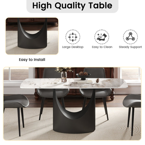 English Elm 63" Modern Artificial Stone Dining Table With Curved Design & Black Iron Legs - Seats 6-8 Comfortably W1535S00560
