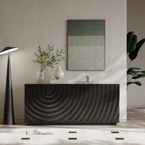 English Elm Buffet Sideboard with Wave Textured Doors Matte Black Sculptural Storage Cabinet W2263P353560