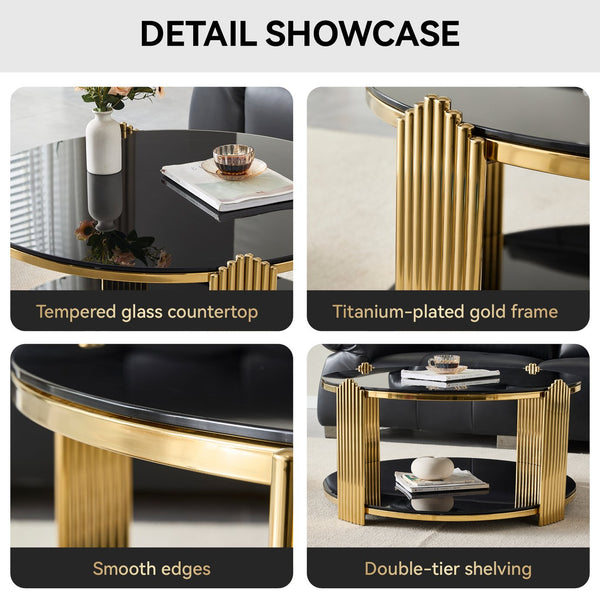English Elm 35inch Round Coffee Table Dual Tier Tempered Glass Gold Steel Frame Living Room W3357P395503