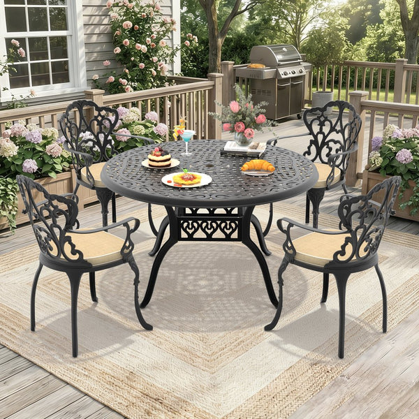 English Elm 5-piece Cast Aluminum Outdoor Dining Set with Ornate Relief Patterned Chairs and Table W1710S00553