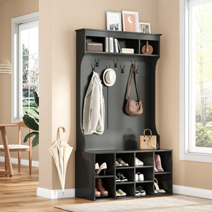 English Elm 70.9 Inch Freestanding Hall Tree with Bench Shoe Cubbies and 7 Hooks for Entryway Black T3623P434557