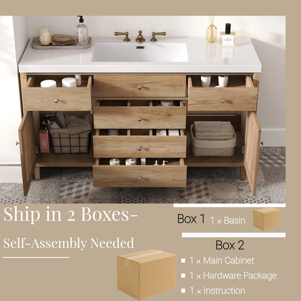 English Elm Christopher Knight Home® - 60" Modern Bathroom Vanity with Durable SMC Sink, Rattan Doors, Soft-Close Drawers, Pine Legs Antique Natural N817P296130N