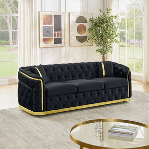 English Elm 84.6 Inch Chesterfield Velvet Tufted Sofa with Gold Steel Trim for Glam Living Rooms Black W1191S00094