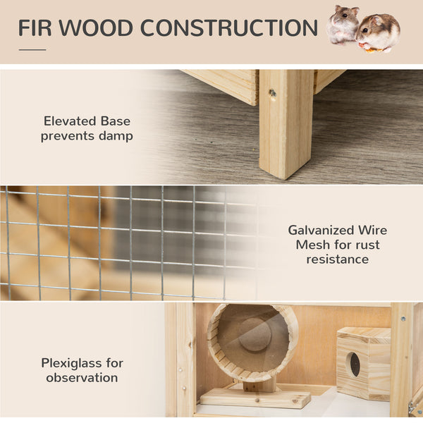 English Elm 2-tier Fir Wood Hamster Hutch with Mesh Roof Plexiglass Front and Enrichment Accessories T3971P407770